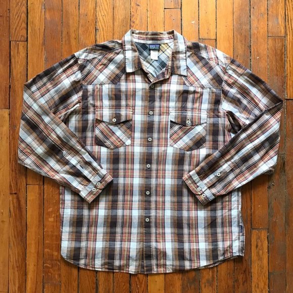 Vintage Y2K Patagonia Organic Cotton Men Brown Red Tan Black Plaid‎ Button Shirt - Picture 1 of 4